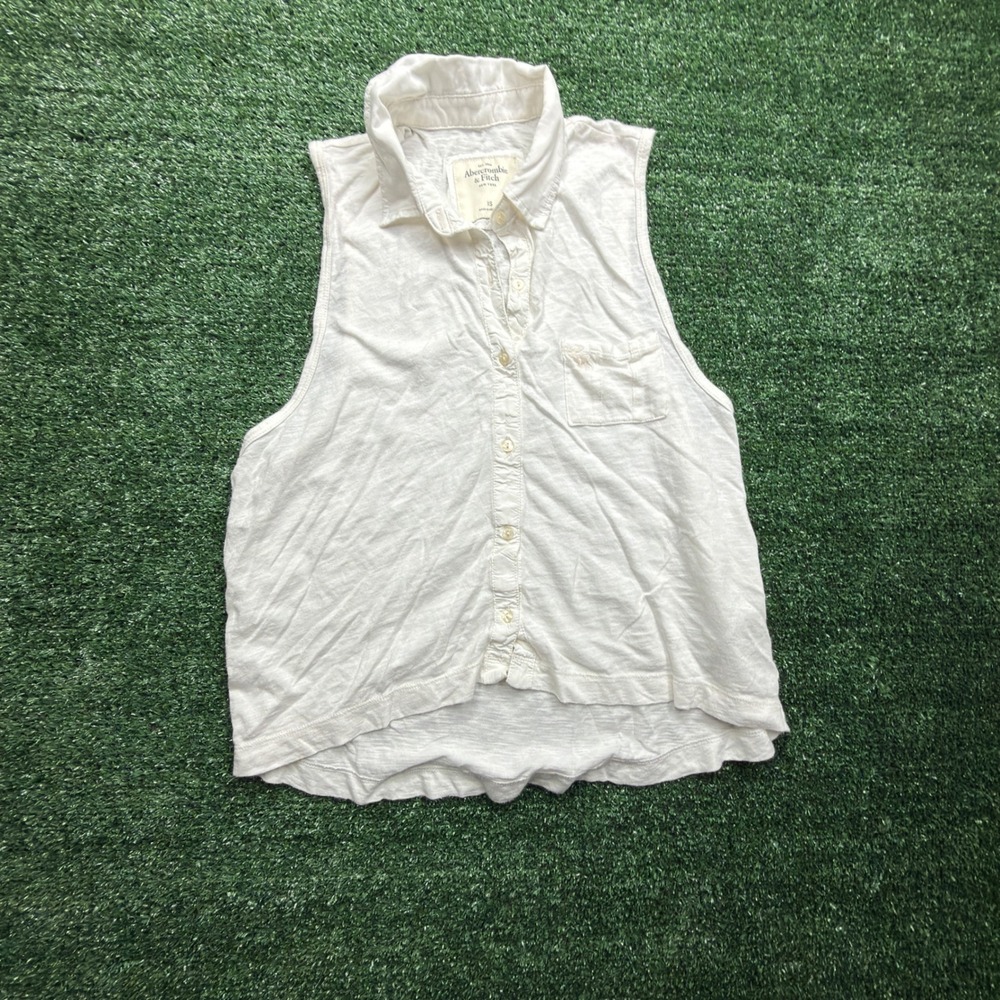 Abercrombie & Fitch Mens XS White Sleeveless Button Down Shirt Slub Knit Pocket